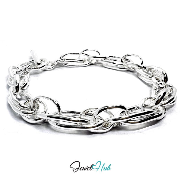 925 Sterling Silver LinkMix Bracelet – Polished Oval - Round Chain - JewelHub.co.uk