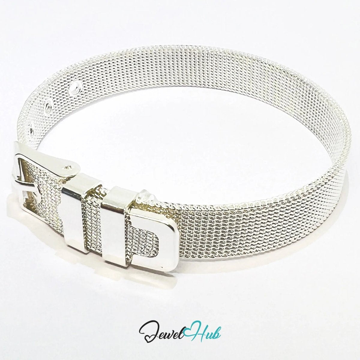 925 Sterling Silver Mesh Bracelet – Adjustable Buckle Strap with Polished Finish - JewelHub.co.uk