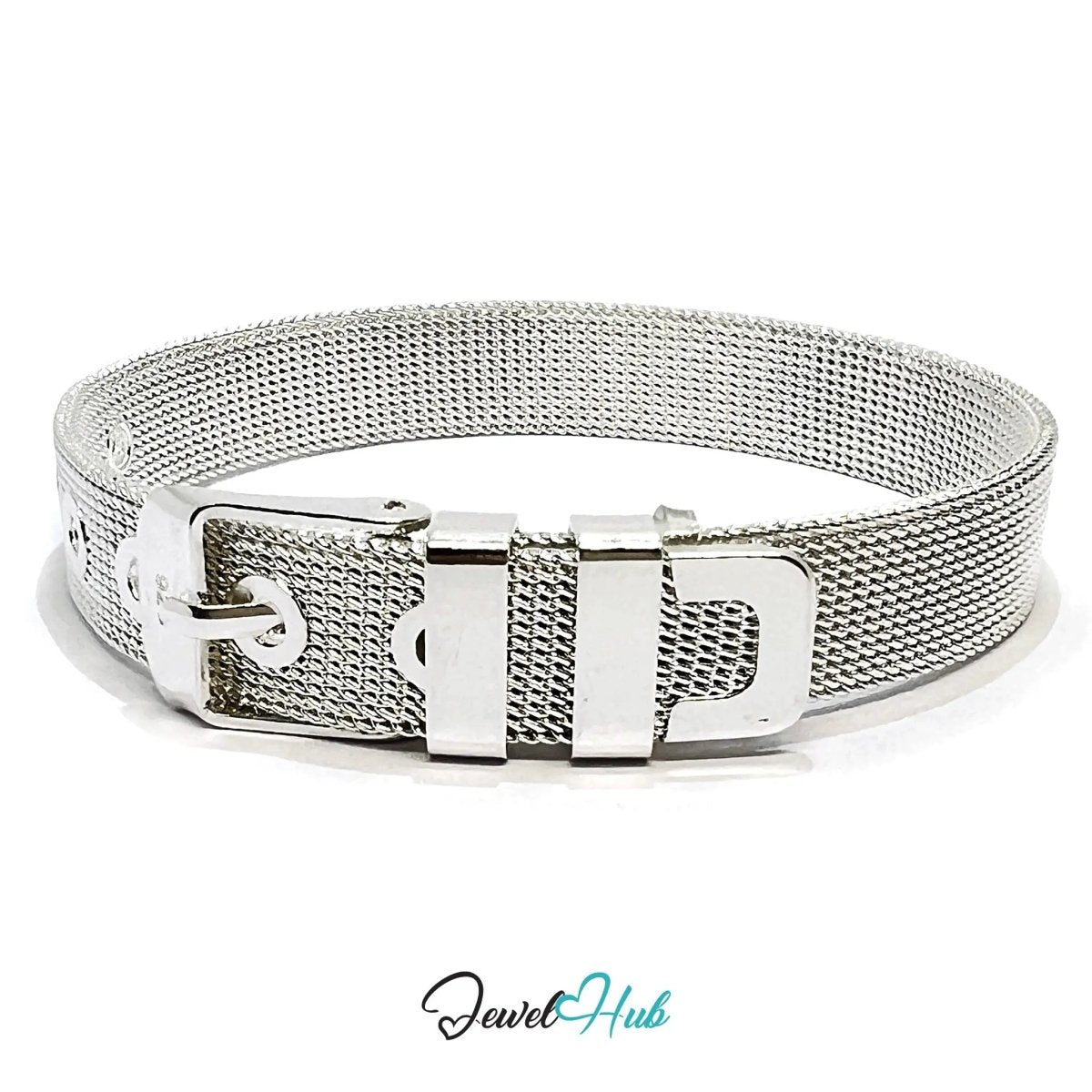 925 Sterling Silver Mesh Bracelet – Adjustable Buckle Strap with Polished Finish - JewelHub.co.uk