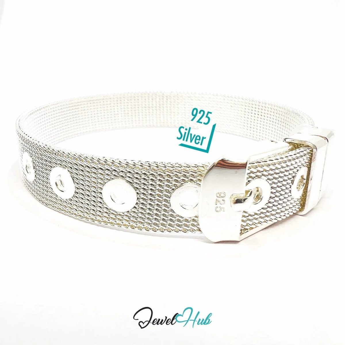925 Sterling Silver Mesh Bracelet – Adjustable Buckle Strap with Polished Finish - JewelHub.co.uk