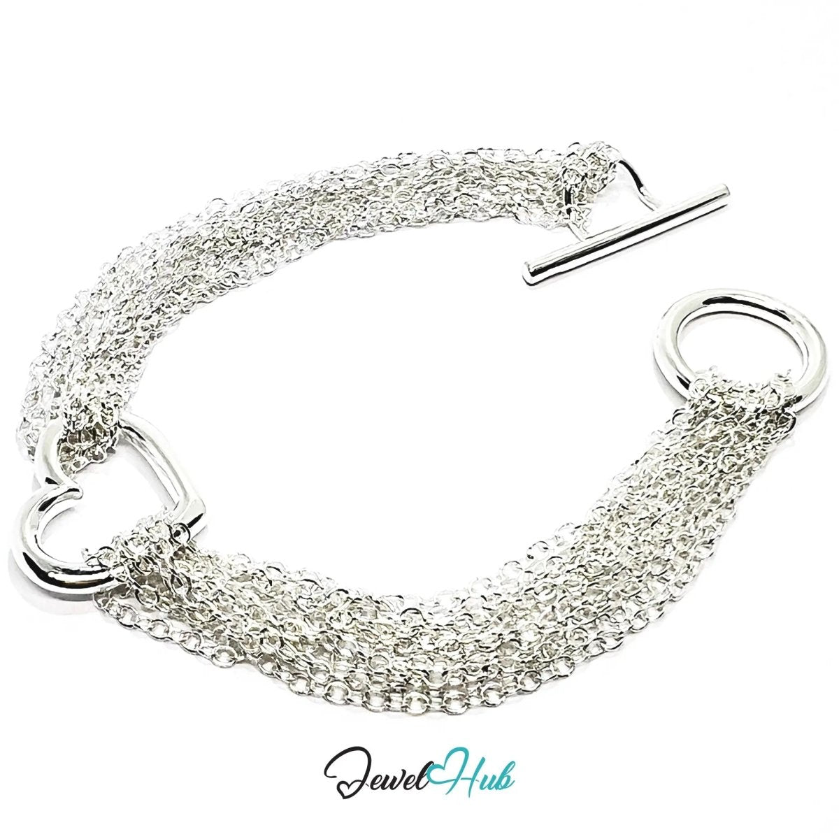 925 Sterling Silver Multi - Strand Bracelet – Layered Toggle Chain with Heart Detail - JewelHub.co.uk