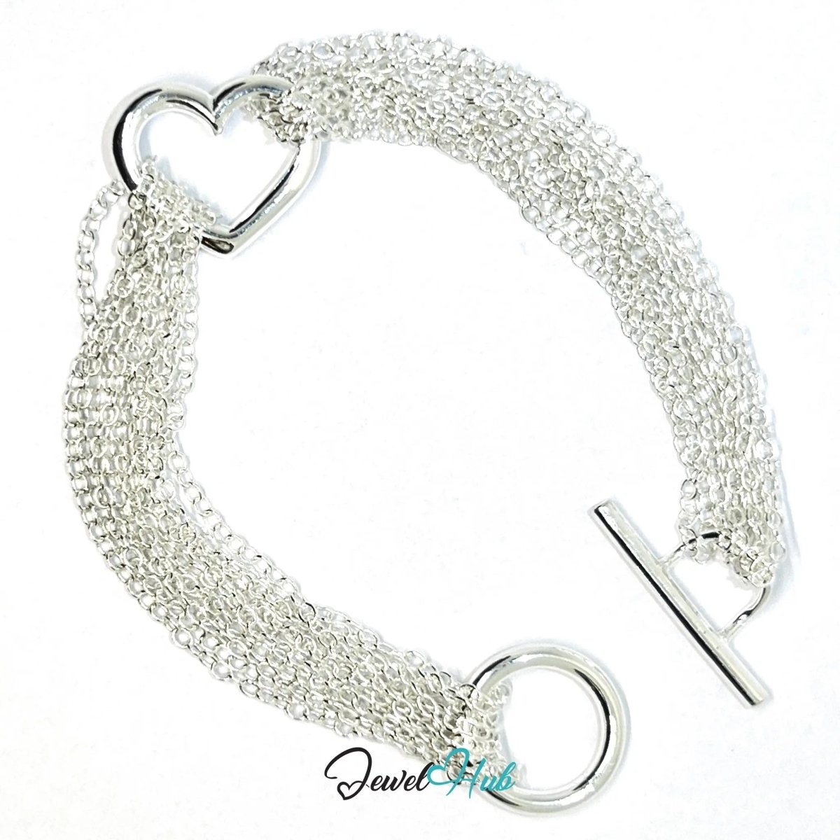 925 Sterling Silver Multi - Strand Bracelet – Layered Toggle Chain with Heart Detail - JewelHub.co.uk