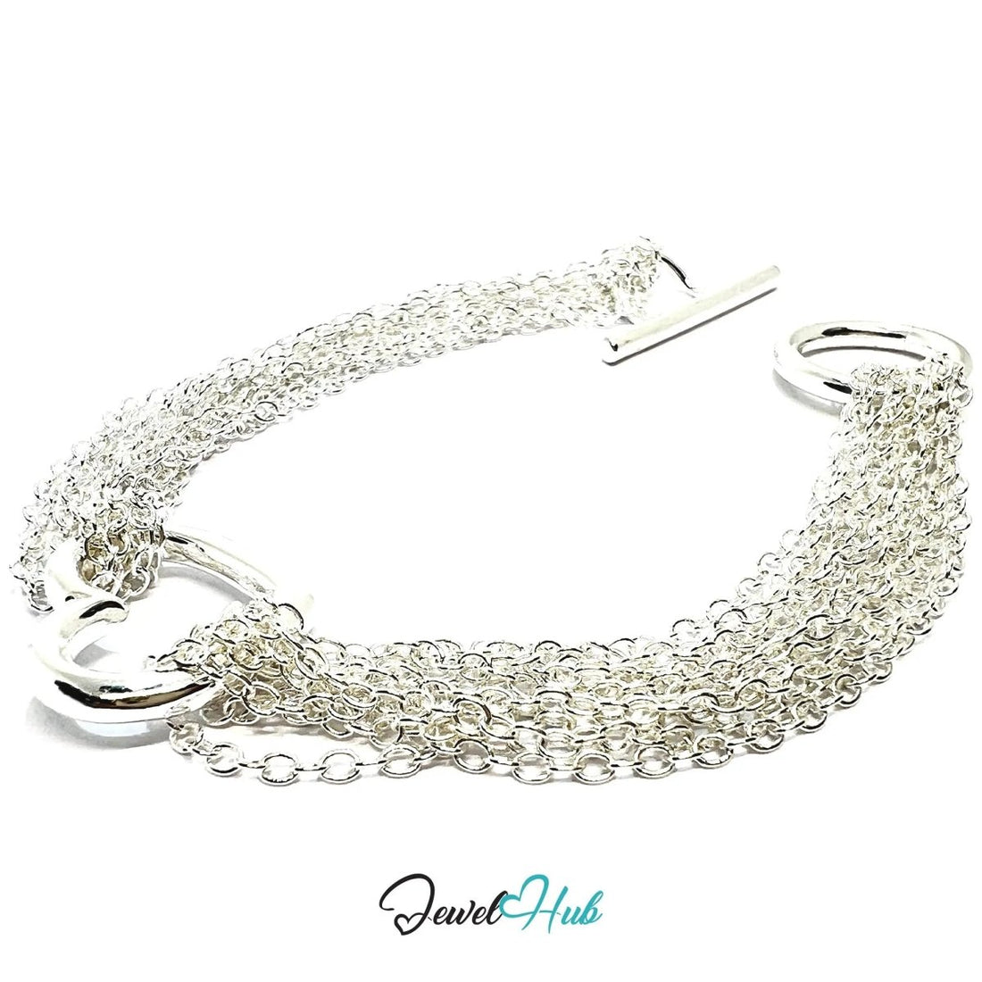 925 Sterling Silver Multi - Strand Bracelet – Layered Toggle Chain with Heart Detail - JewelHub.co.uk