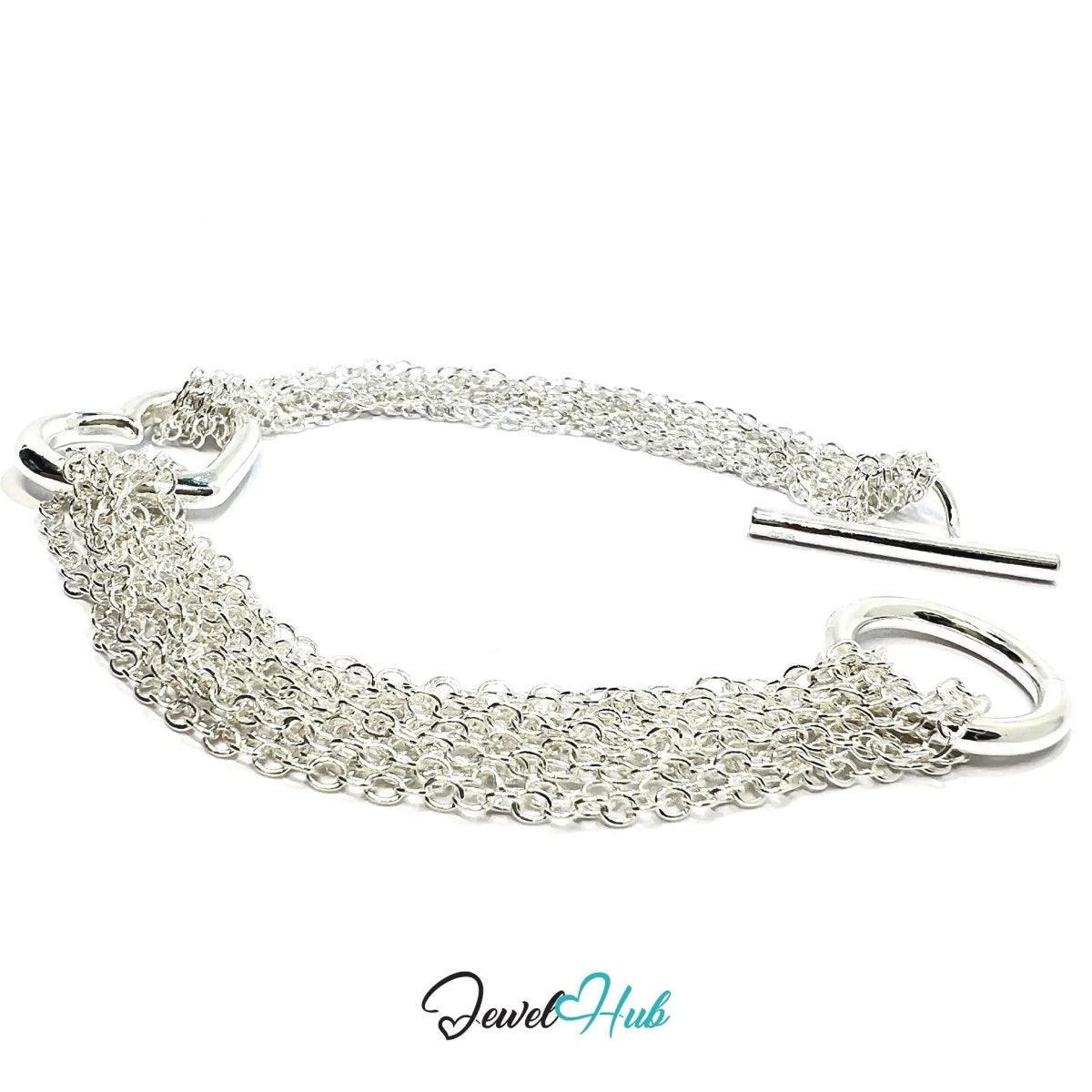 925 Sterling Silver Multi - Strand Bracelet – Layered Toggle Chain with Heart Detail - JewelHub.co.uk
