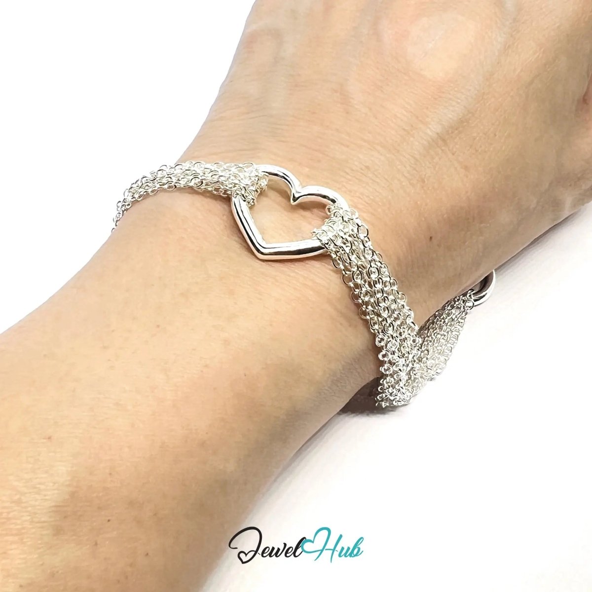 925 Sterling Silver Multi - Strand Bracelet – Layered Toggle Chain with Heart Detail - JewelHub.co.uk