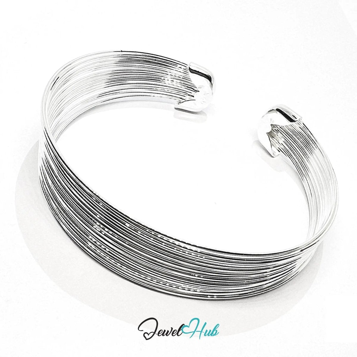 925 Sterling Silver Multi - Wire Cuff – Polished Open Bracelet with Layered Texture - JewelHub.co.uk