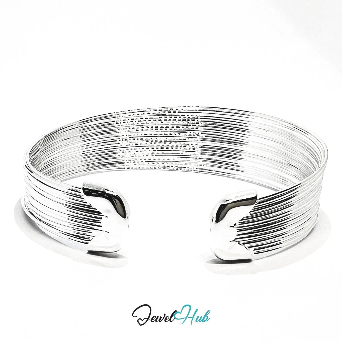 925 Sterling Silver Multi - Wire Cuff – Polished Open Bracelet with Layered Texture - JewelHub.co.uk