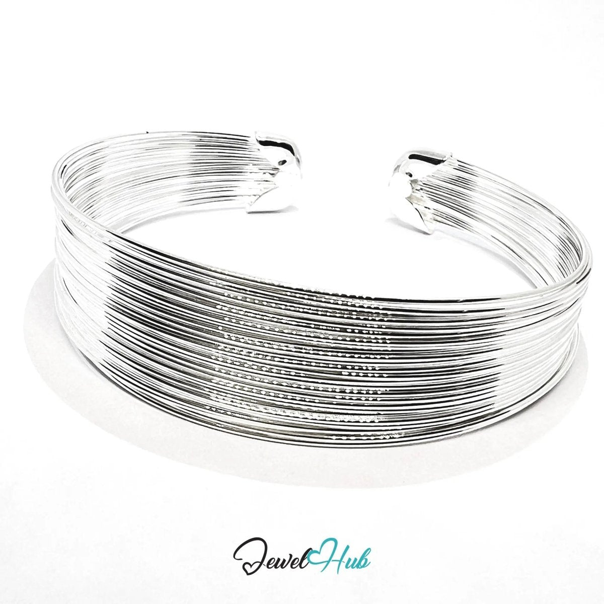 925 Sterling Silver Multi - Wire Cuff – Polished Open Bracelet with Layered Texture - JewelHub.co.uk