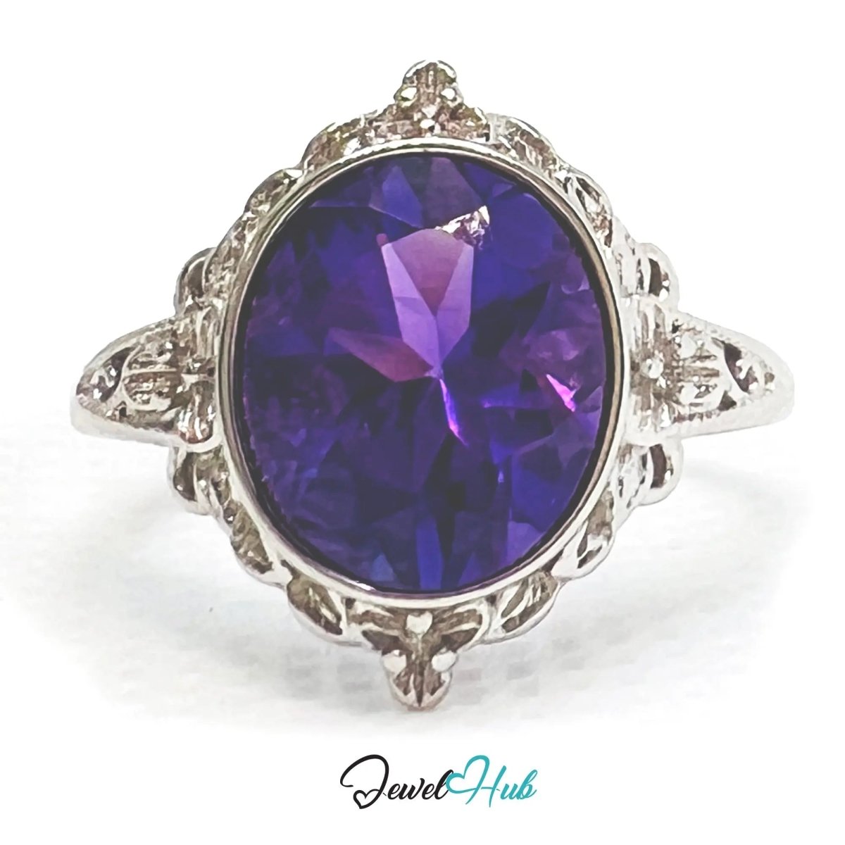 925 Sterling Silver Natural Amethyst (3.5 - carat) Ring | Adjustable Size | Violet Bloom - JewelHub.co.uk