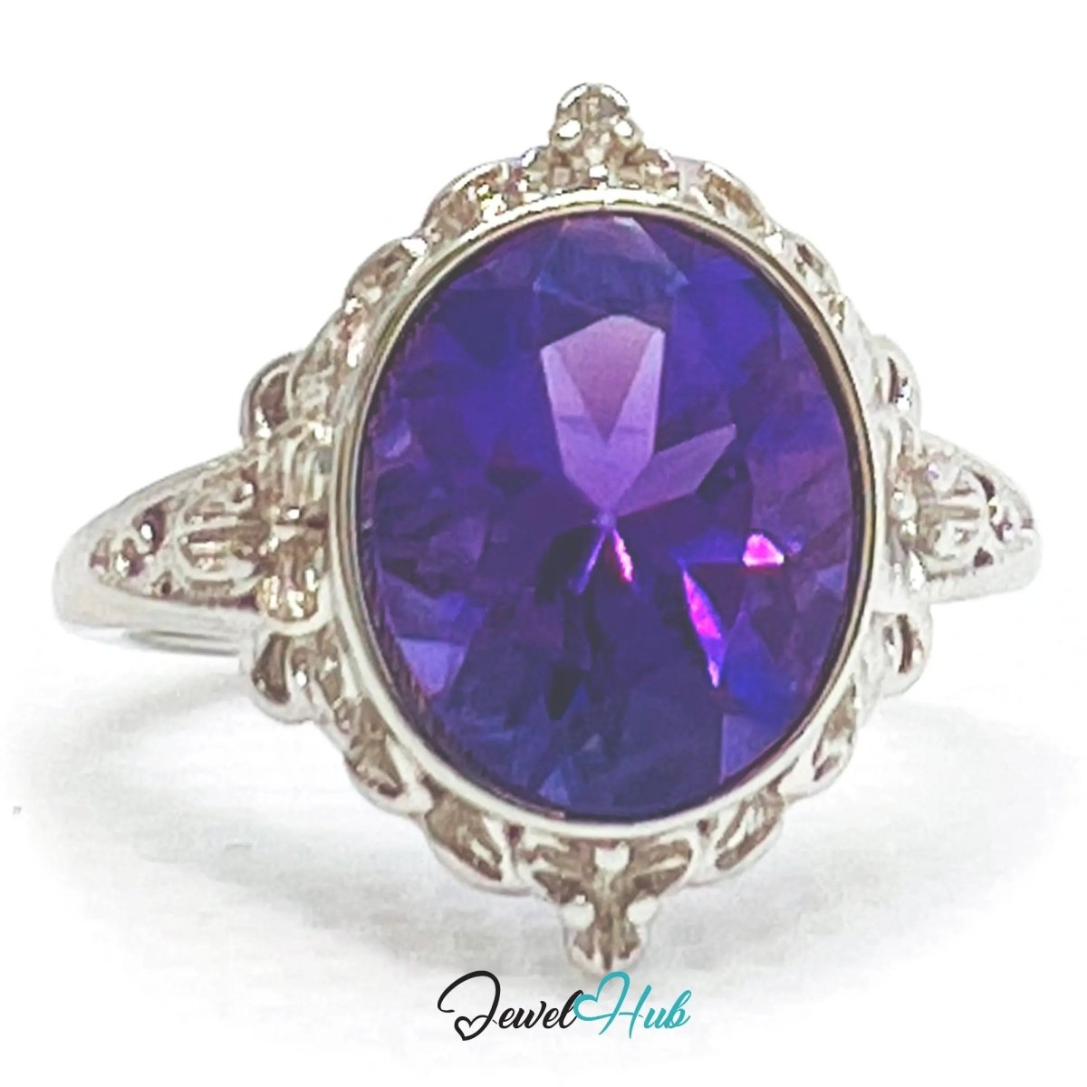 925 Sterling Silver Natural Amethyst (3.5 - carat) Ring | Adjustable Size | Violet Bloom - JewelHub.co.uk