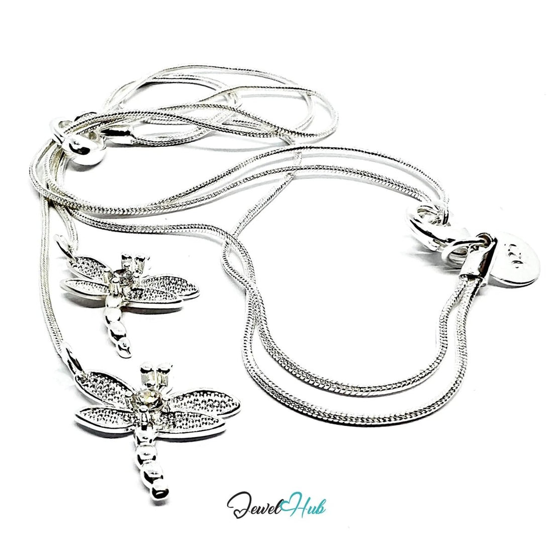 925 Sterling Silver Necklace (hallmarked) with TwinFlight Dragonfly Layered | Snake Chain Design - JewelHub.co.uk