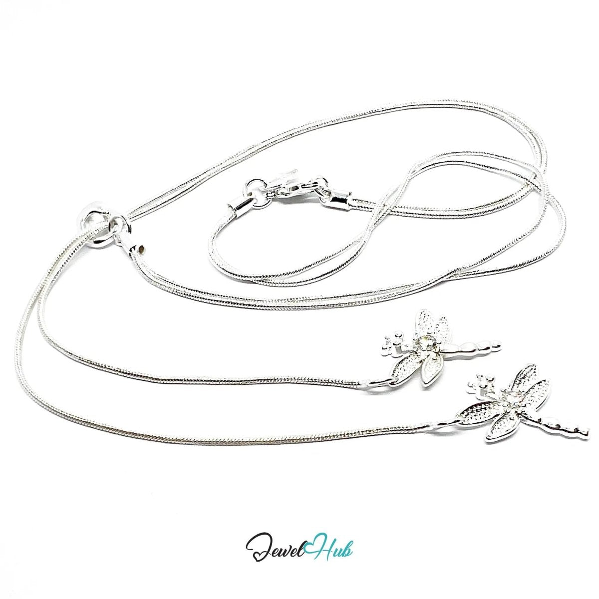 925 Sterling Silver Necklace (hallmarked) with TwinFlight Dragonfly Layered | Snake Chain Design - JewelHub.co.uk