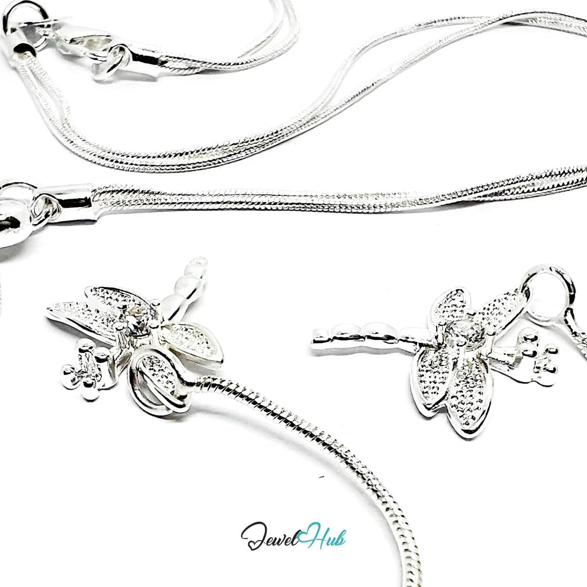 925 Sterling Silver Necklace (hallmarked) with TwinFlight Dragonfly Layered | Snake Chain Design - JewelHub.co.uk