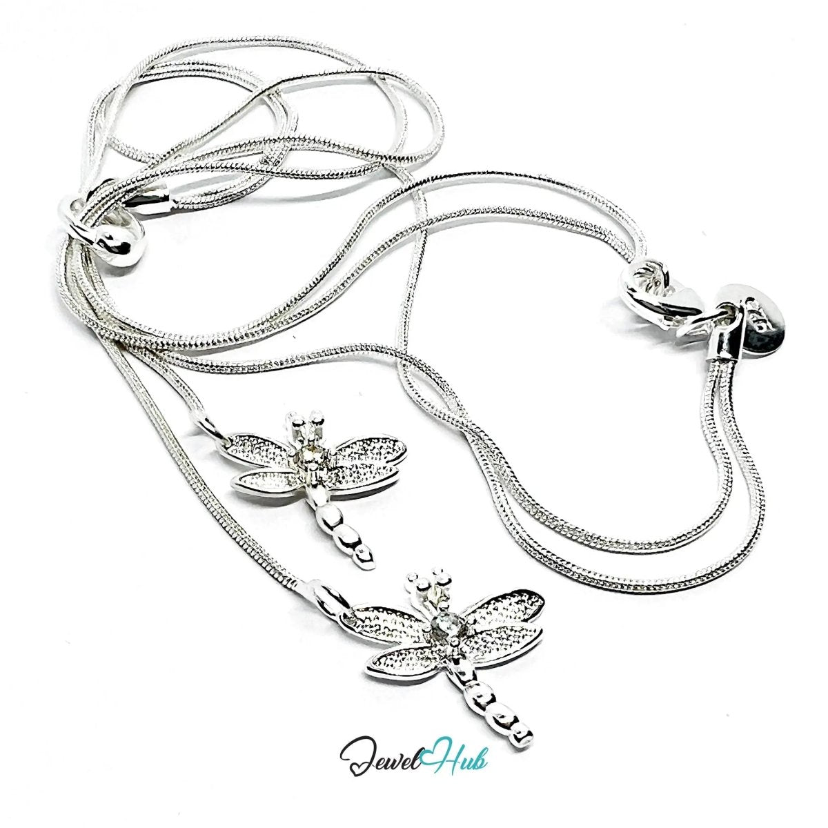 925 Sterling Silver Necklace (hallmarked) with TwinFlight Dragonfly Layered | Snake Chain Design - JewelHub.co.uk