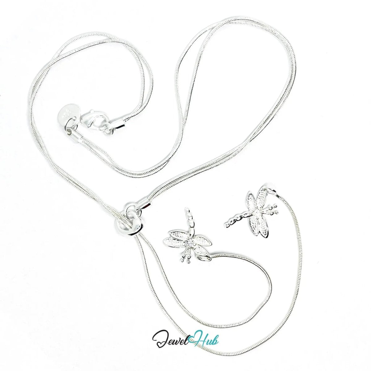 925 Sterling Silver Necklace (hallmarked) with TwinFlight Dragonfly Layered | Snake Chain Design - JewelHub.co.uk