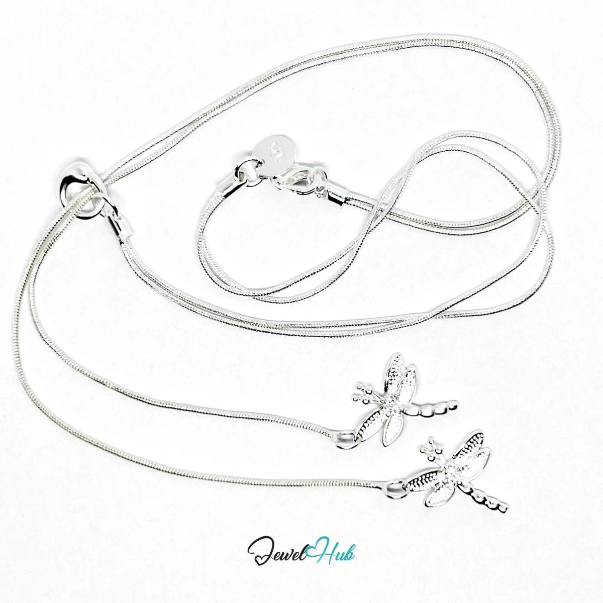925 Sterling Silver Necklace (hallmarked) with TwinFlight Dragonfly Layered | Snake Chain Design - JewelHub.co.uk