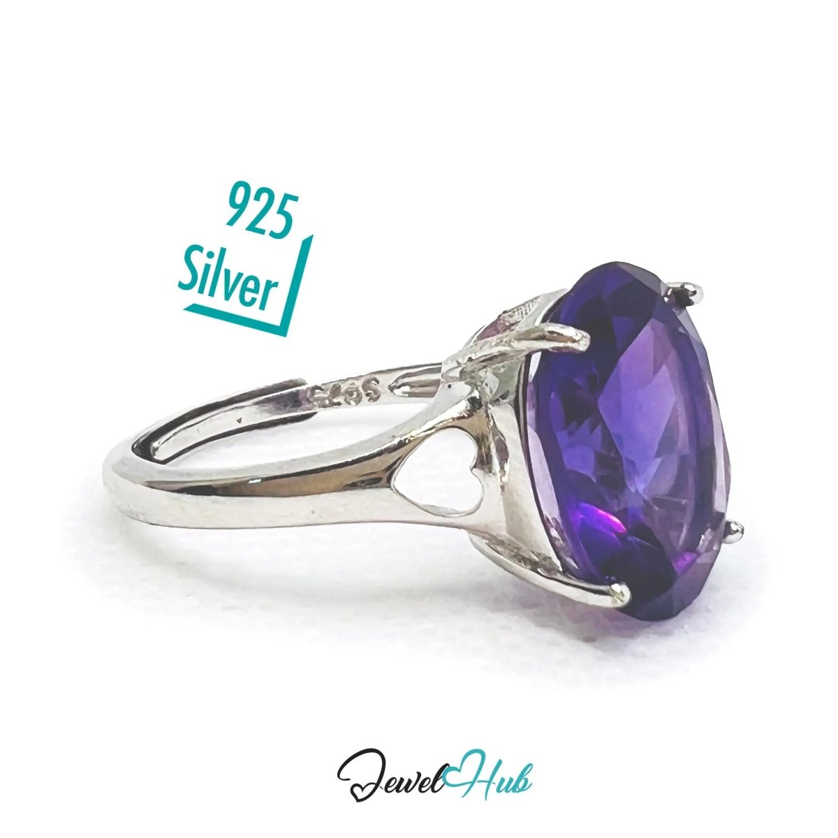 925 Sterling Silver Oval Amethyst Ring (4.98ct) | Adjustable (M–O) | Solartine - style - JewelHub.co.uk