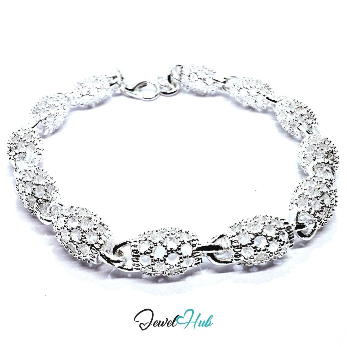 925 Sterling Silver Pavé Oval Link Bracelet – Sparkling Elegance with Lobster Clasp - JewelHub.co.uk