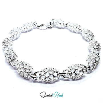 925 Sterling Silver Pavé Oval Link Bracelet – Sparkling Elegance with Lobster Clasp - JewelHub.co.uk