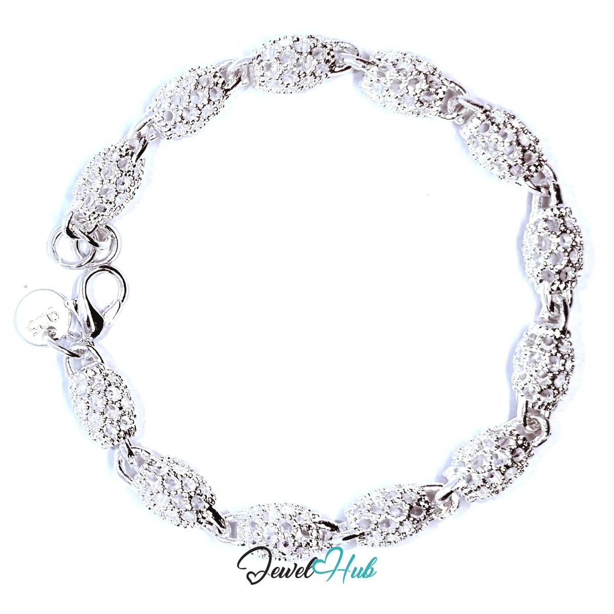 925 Sterling Silver Pavé Oval Link Bracelet – Sparkling Elegance with Lobster Clasp - JewelHub.co.uk