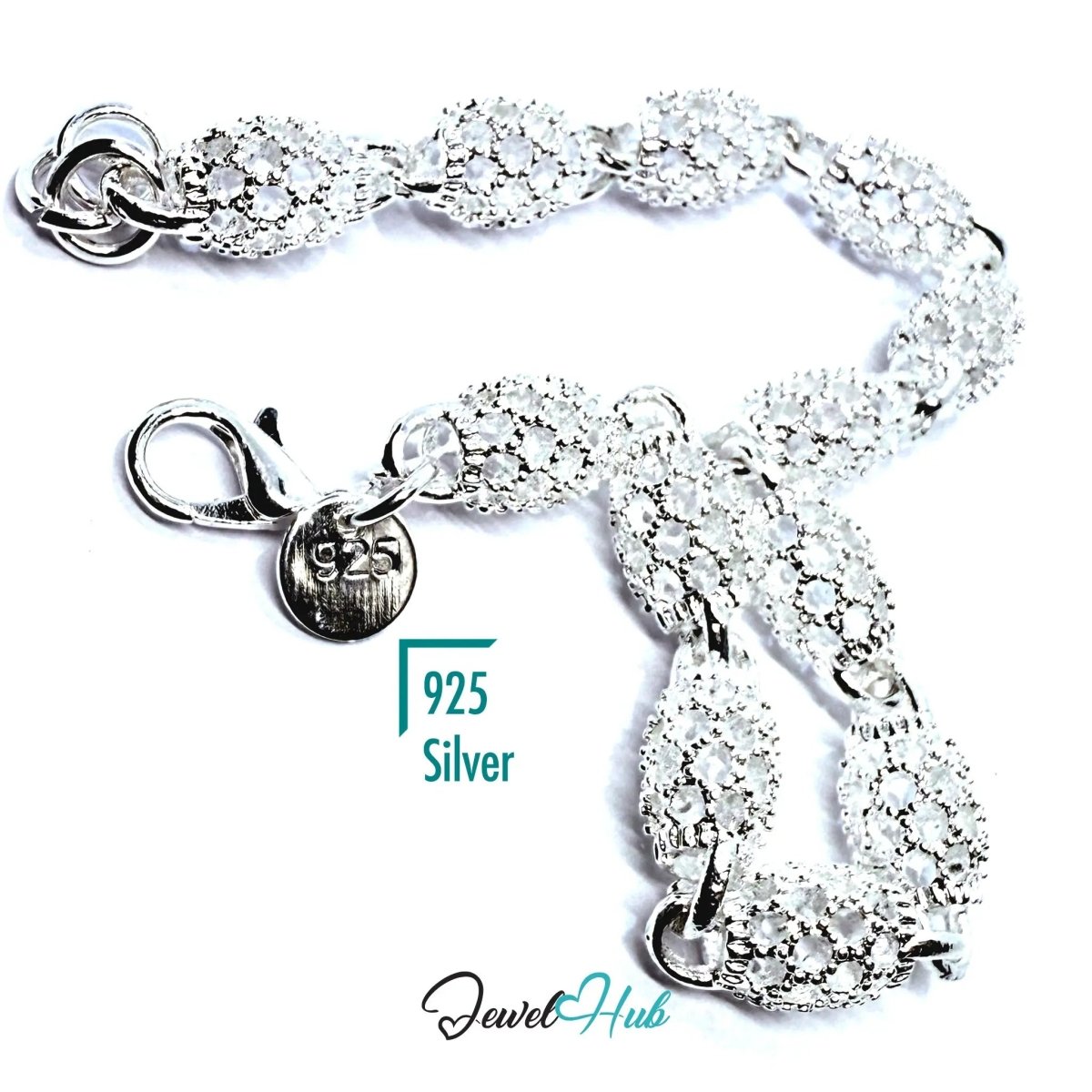 925 Sterling Silver Pavé Oval Link Bracelet – Sparkling Elegance with Lobster Clasp - JewelHub.co.uk