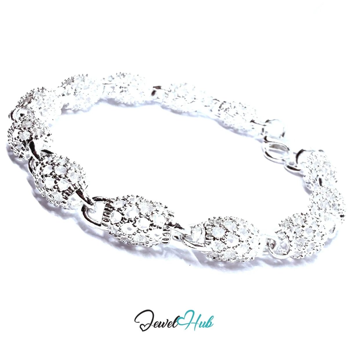 925 Sterling Silver Pavé Oval Link Bracelet – Sparkling Elegance with Lobster Clasp - JewelHub.co.uk