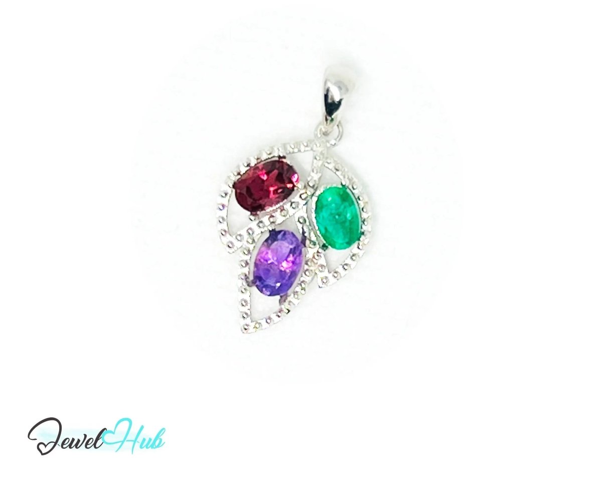 925 Sterling Silver Pendant with Ruby, Sapphire & Emerald | Noble Leaf in Multi - colour - JewelHub.co.uk