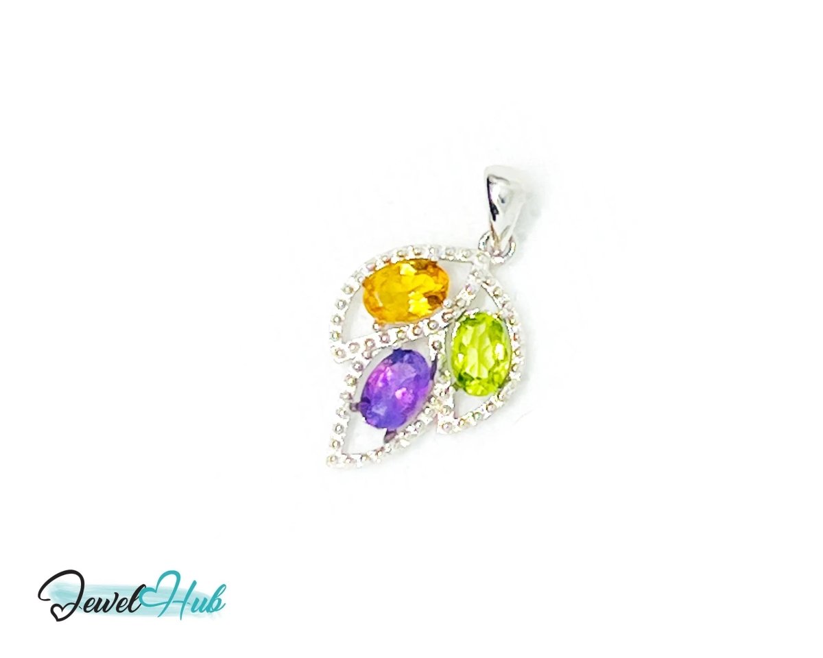 925 Sterling Silver Pendant with Ruby, Sapphire & Emerald | Noble Leaf in Multi - colour - JewelHub.co.uk