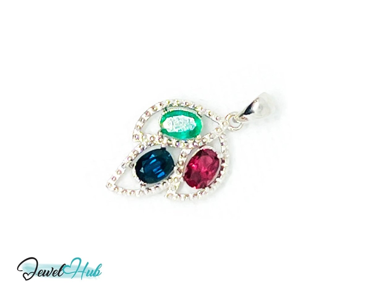 925 Sterling Silver Pendant with Ruby, Sapphire & Emerald | Noble Leaf in Multi - colour - JewelHub.co.uk
