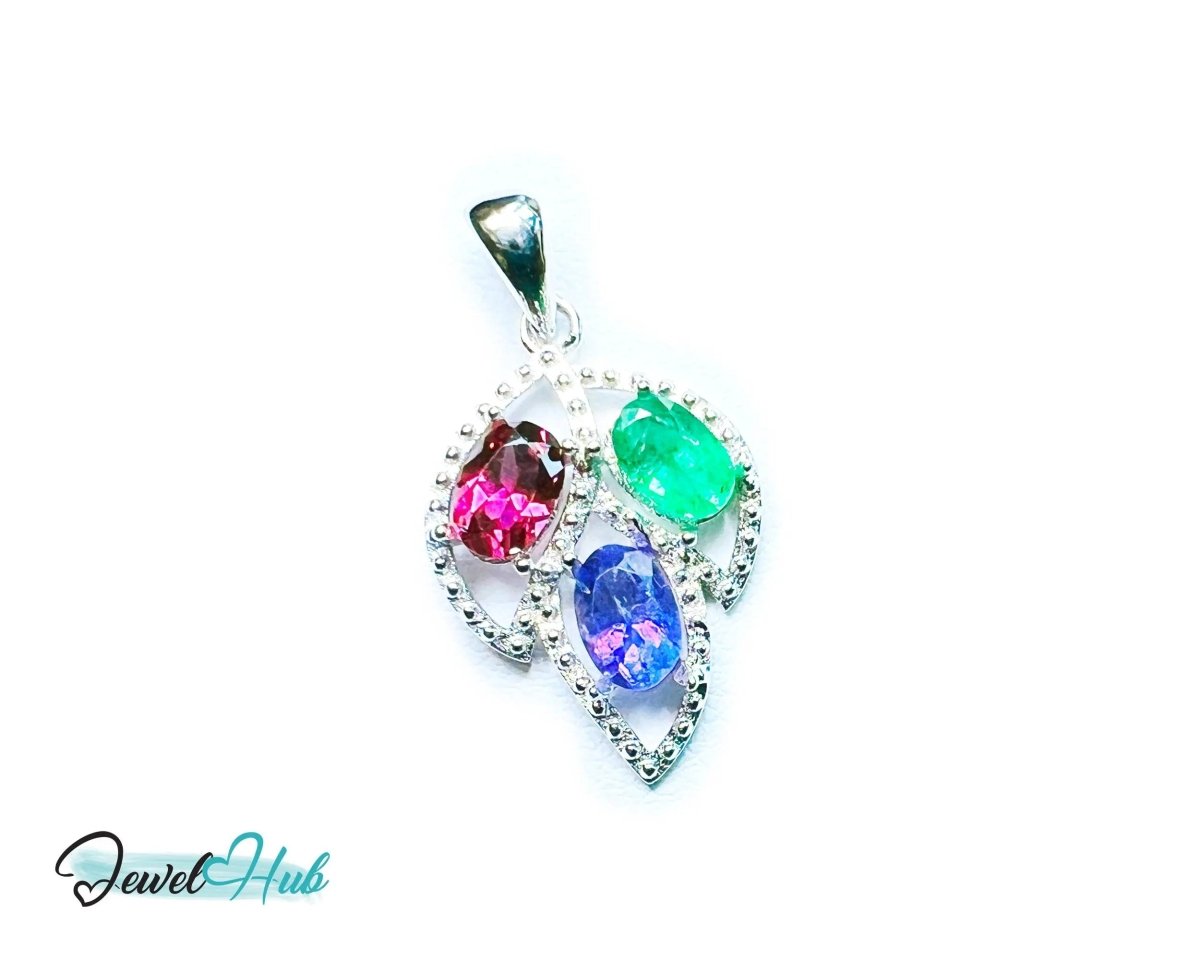 925 Sterling Silver Pendant with Ruby, Sapphire & Emerald | Noble Leaf in Multi - colour - JewelHub.co.uk