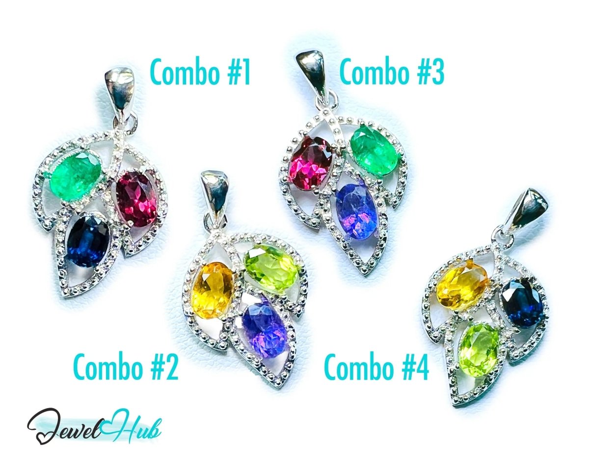 925 Sterling Silver Pendant with Ruby, Sapphire & Emerald | Noble Leaf in Multi - colour - JewelHub.co.uk