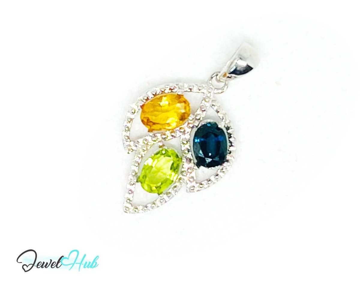 925 Sterling Silver Pendant with Ruby, Sapphire & Emerald | Noble Leaf in Multi - colour - JewelHub.co.uk