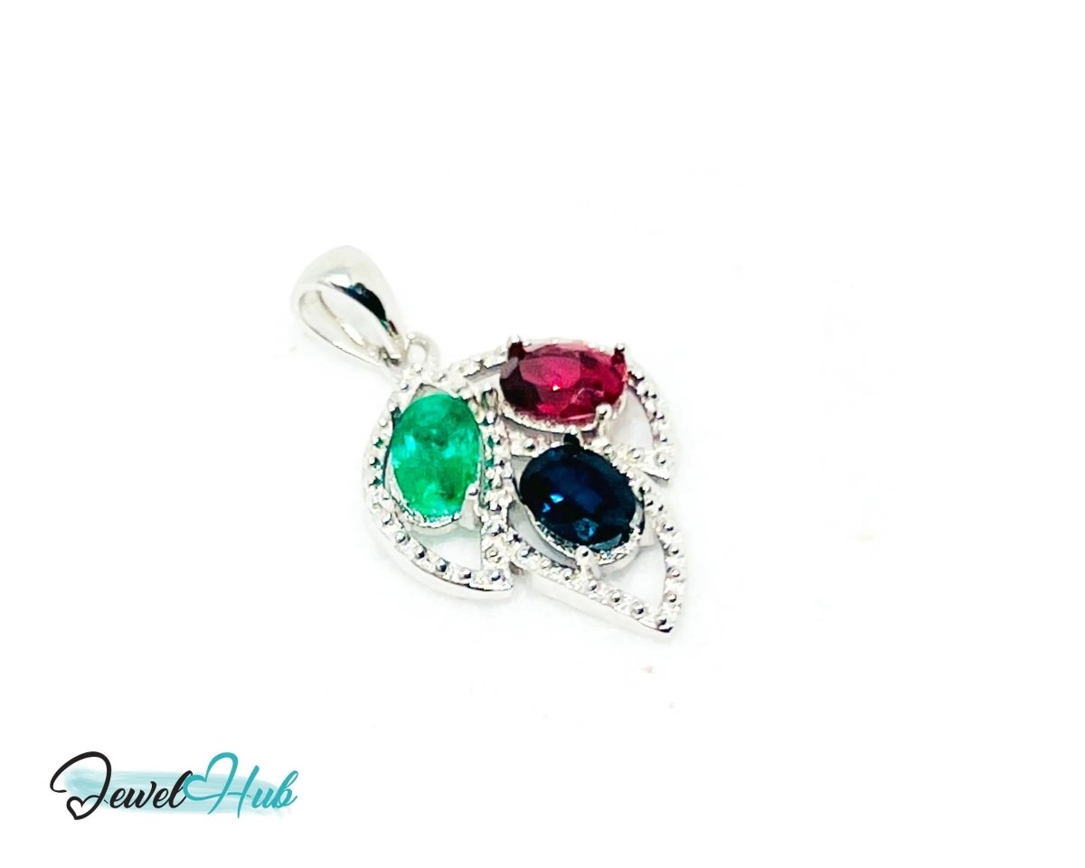925 Sterling Silver Pendant with Ruby, Sapphire & Emerald | Noble Leaf in Multi - colour - JewelHub.co.uk