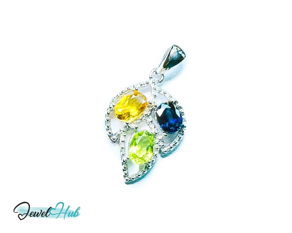 925 Sterling Silver Pendant with Ruby, Sapphire & Emerald | Noble Leaf in Multi - colour - JewelHub.co.uk
