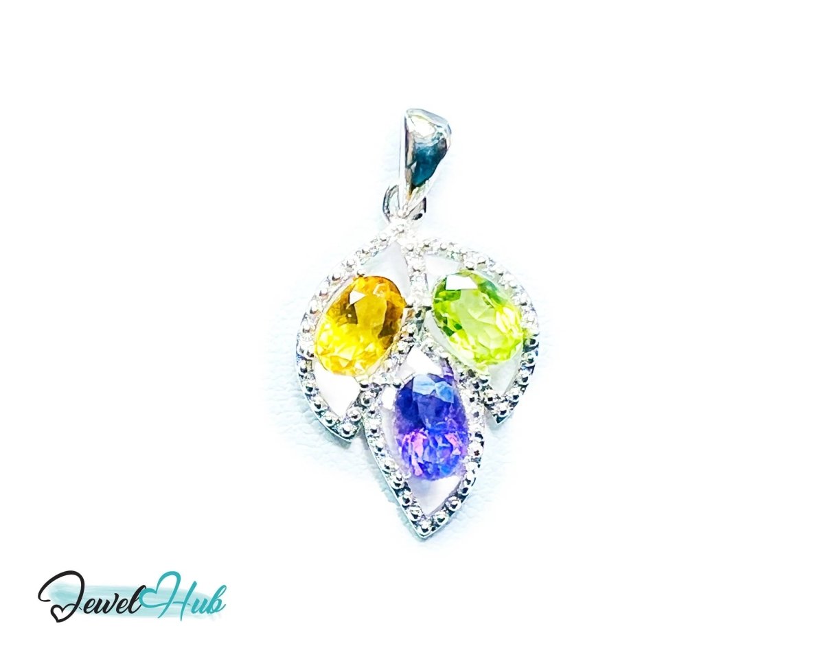 925 Sterling Silver Pendant with Ruby, Sapphire & Emerald | Noble Leaf in Multi - colour - JewelHub.co.uk