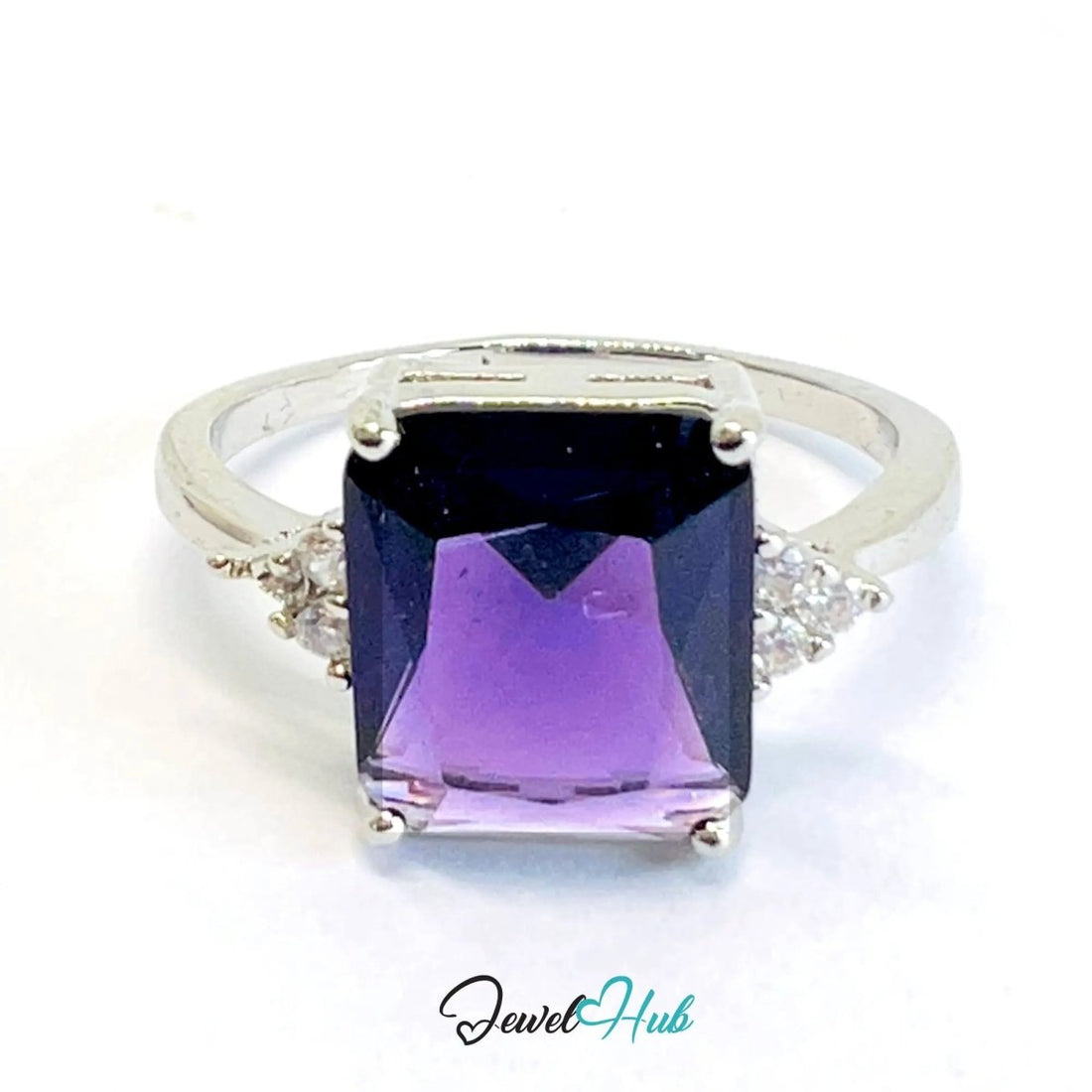 925 Sterling Silver Rectangular Lab - created Amethyst (2.95 - carat) Ring | UK T US 10 | Accent Stones - JewelHub.co.uk