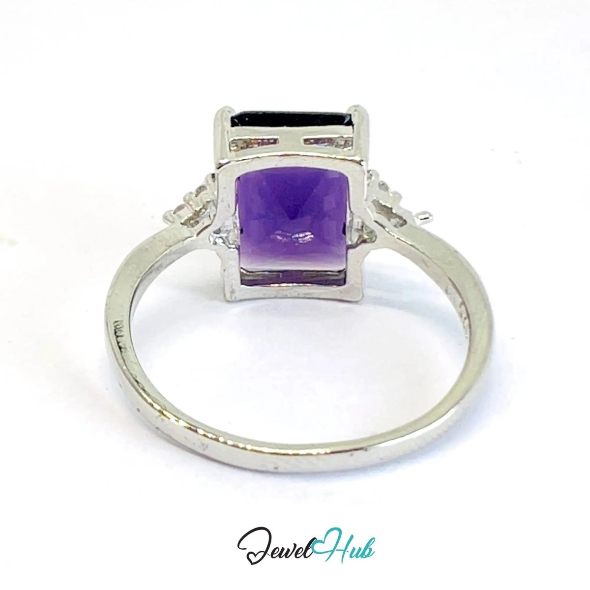 925 Sterling Silver Rectangular Lab - created Amethyst (2.95 - carat) Ring | UK T US 10 | Accent Stones - JewelHub.co.uk