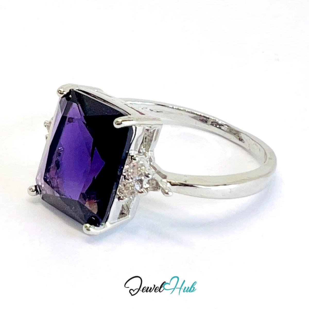 925 Sterling Silver Rectangular Lab - created Amethyst (2.95 - carat) Ring | UK T US 10 | Accent Stones - JewelHub.co.uk