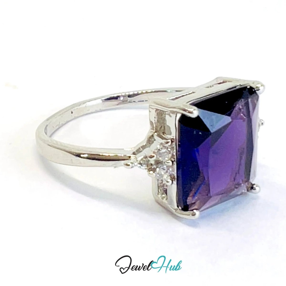 925 Sterling Silver Rectangular Lab - created Amethyst (2.95 - carat) Ring | UK T US 10 | Accent Stones - JewelHub.co.uk