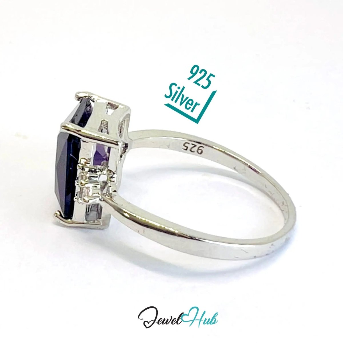 925 Sterling Silver Rectangular Lab - created Amethyst (2.95 - carat) Ring | UK T US 10 | Accent Stones - JewelHub.co.uk