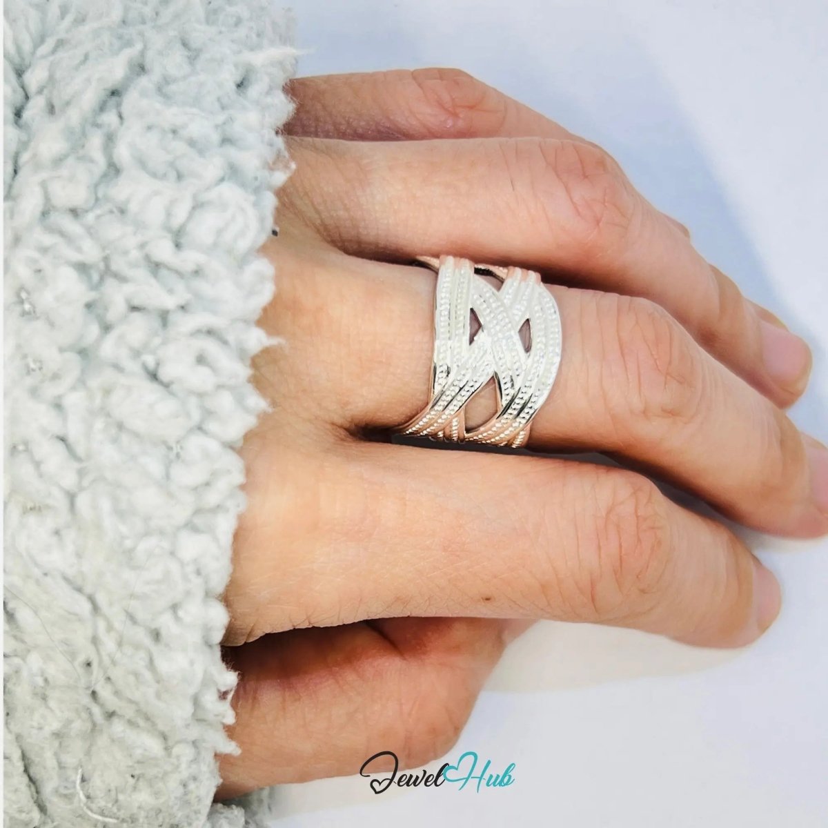 925 Sterling Silver Ring (Hallmarked) Woven Band Design | 5.45g | Adjustable UK M - N - O - JewelHub.co.uk