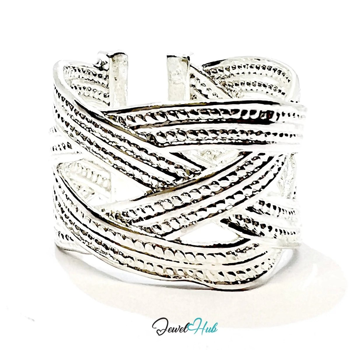925 Sterling Silver Ring (Hallmarked) Woven Band Design | 5.45g | Adjustable UK M - N - O - JewelHub.co.uk