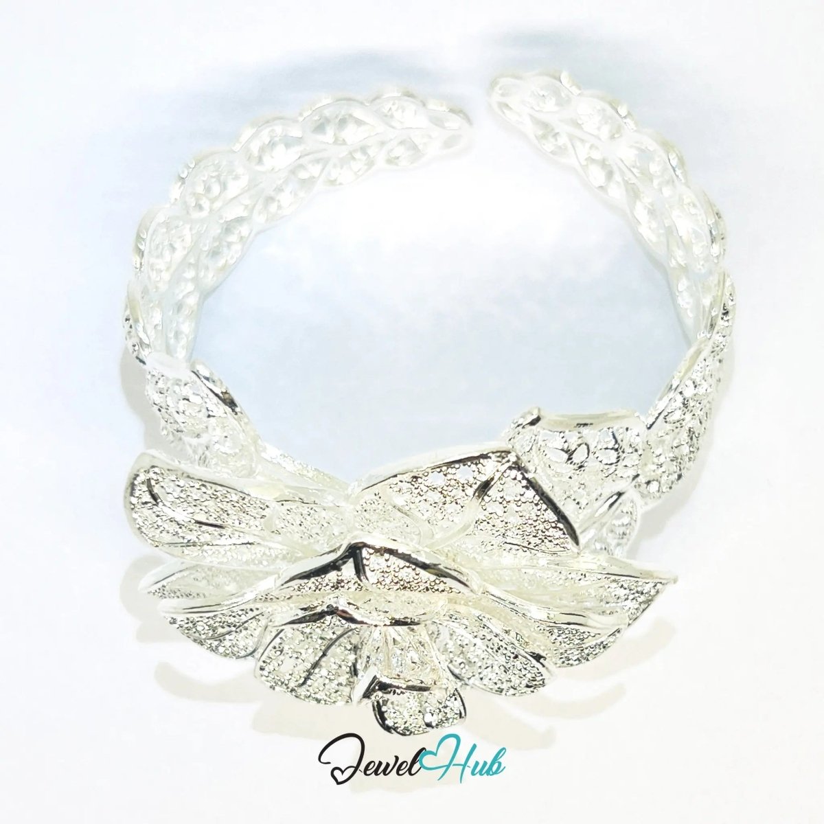 925 Sterling Silver Rose Bangle – Sculptural Floral Statement Bracelet with Adjustable Fit - JewelHub.co.uk