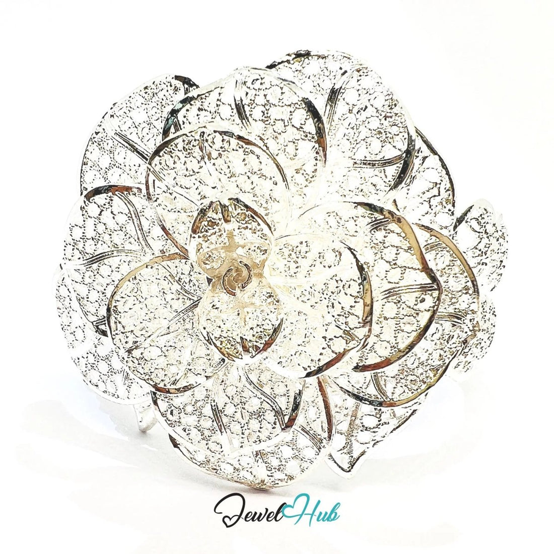 925 Sterling Silver Rose Bangle – Sculptural Floral Statement Bracelet with Adjustable Fit - JewelHub.co.uk