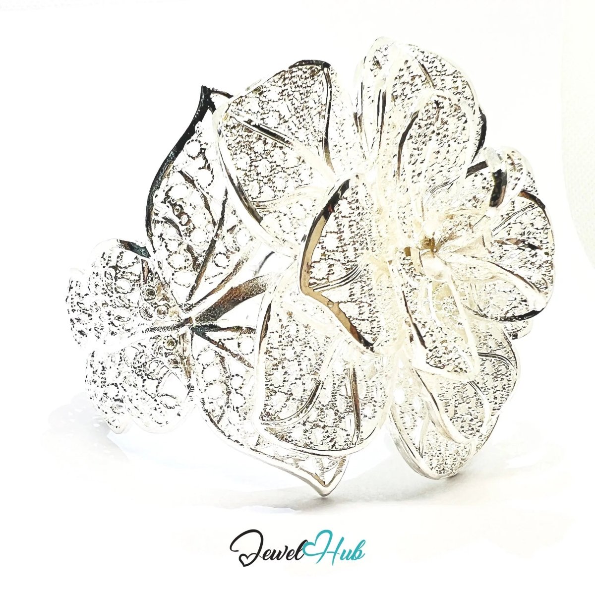 925 Sterling Silver Rose Bangle – Sculptural Floral Statement Bracelet with Adjustable Fit - JewelHub.co.uk