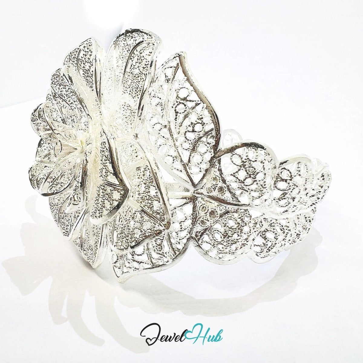 925 Sterling Silver Rose Bangle – Sculptural Floral Statement Bracelet with Adjustable Fit - JewelHub.co.uk