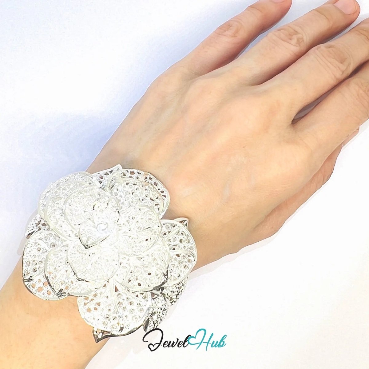 925 Sterling Silver Rose Bangle – Sculptural Floral Statement Bracelet with Adjustable Fit - JewelHub.co.uk