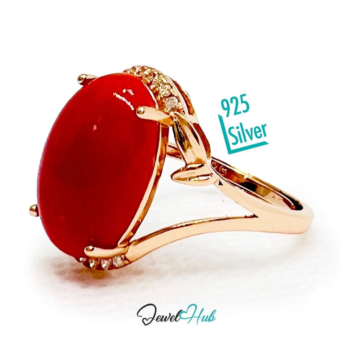 925 Sterling Silver Rose Gold - Plated Oval Red Carol Ring (3.67ct) | Adjustable (J - L) | CZ Halo - JewelHub.co.uk