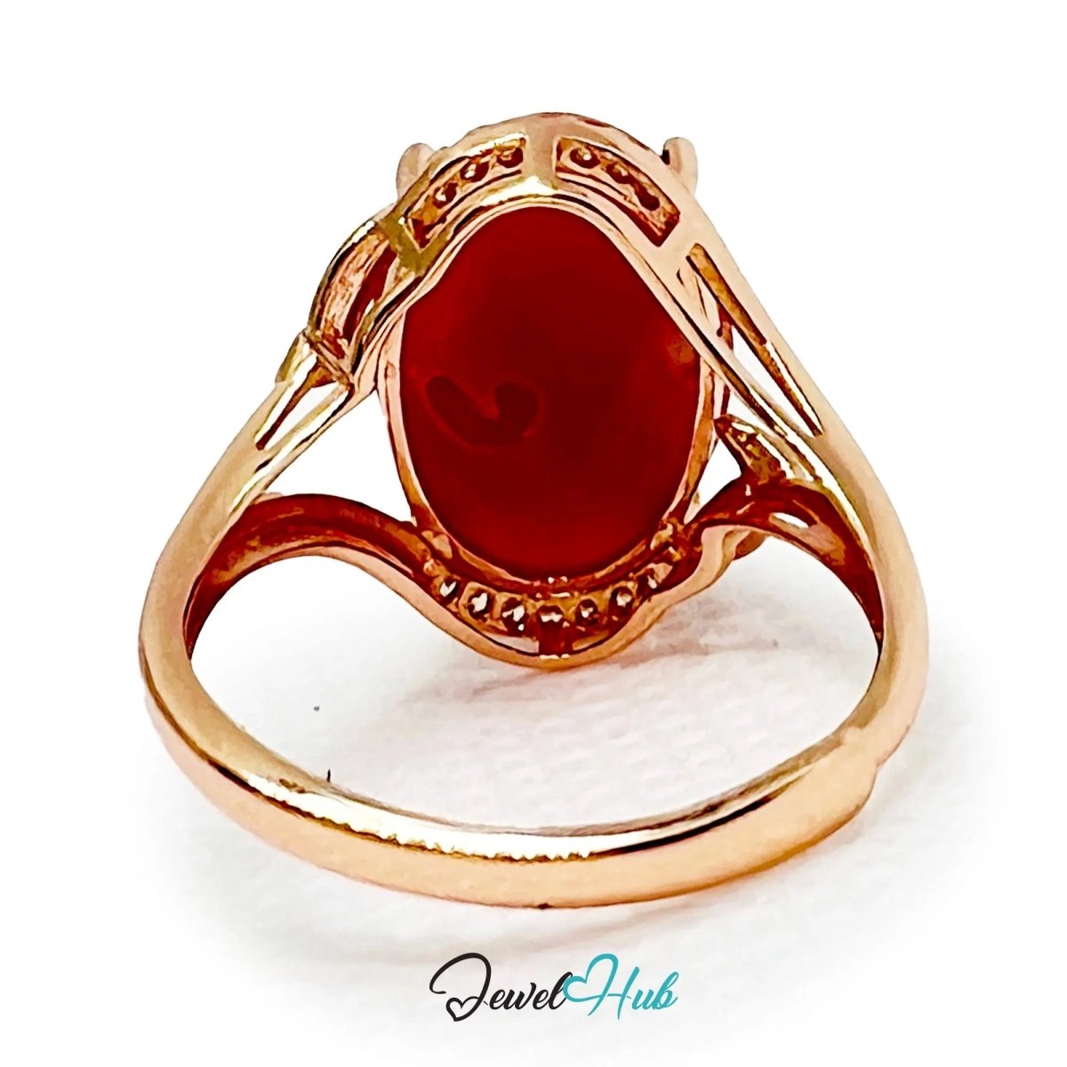 925 Sterling Silver Rose Gold - Plated Oval Red Carol Ring (3.67ct) | Adjustable (J - L) | CZ Halo - JewelHub.co.uk