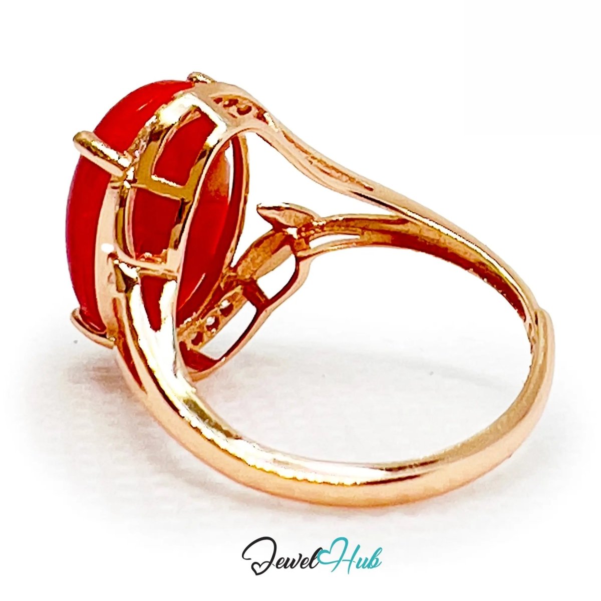 925 Sterling Silver Rose Gold - Plated Oval Red Carol Ring (3.67ct) | Adjustable (J - L) | CZ Halo - JewelHub.co.uk